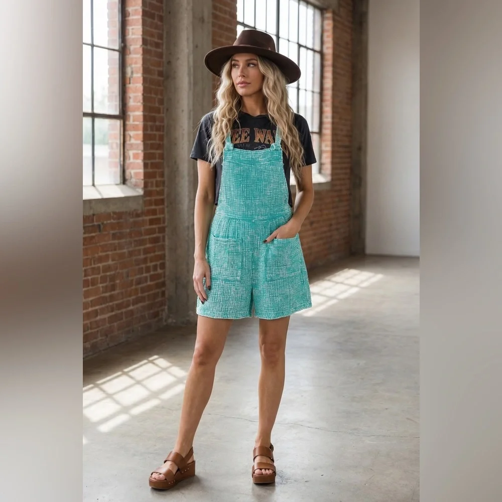 NWT Textured Gauze Washed Turquoise Knot Strap Jumper Overalls Shortalls Romper - Picture 2 of 3